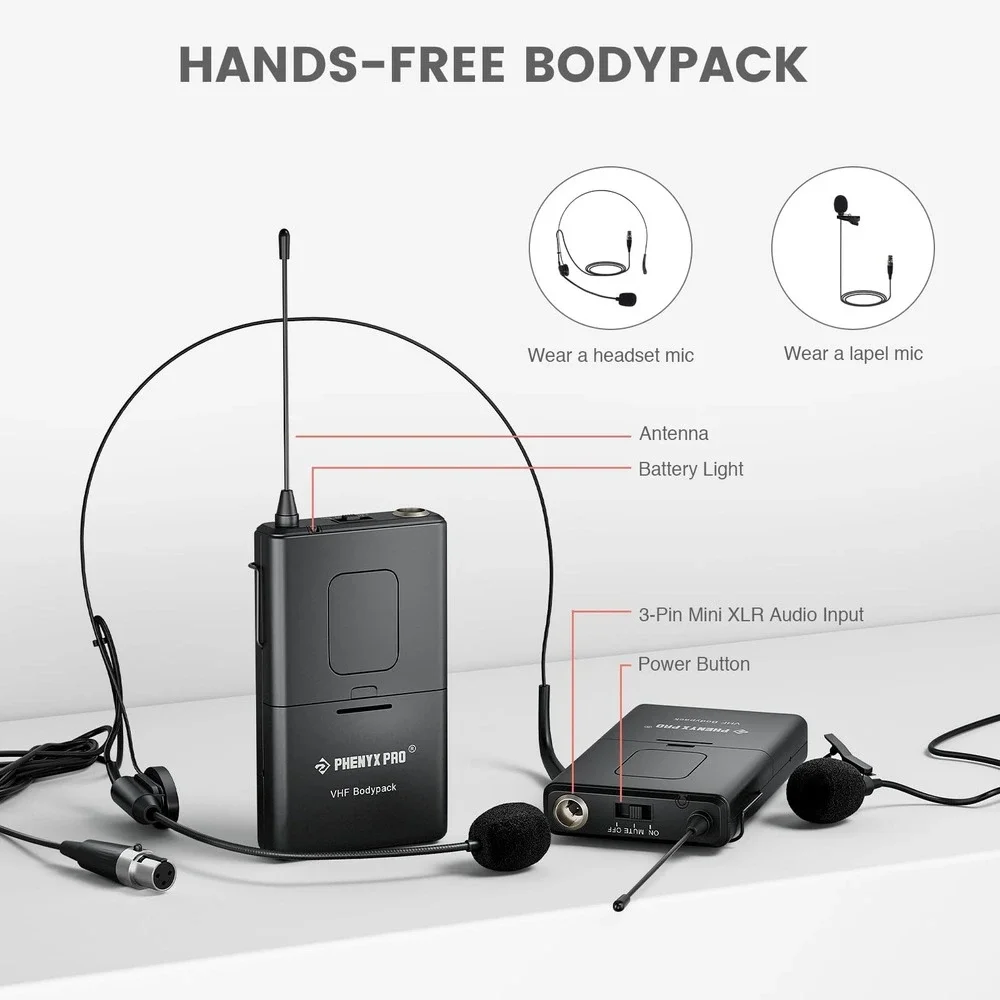 Phenyx Pro PTV-2000 4-Channel VHF Wireless Microphone System 2 Handhelds 2 Bodyp